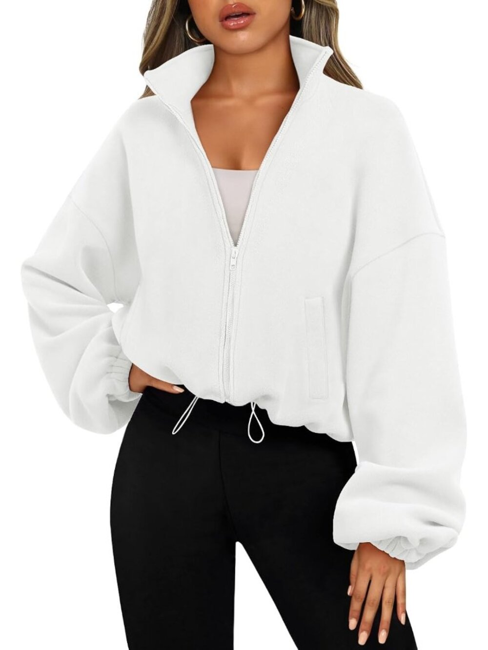 Women's White Long Sleeve ZIP Up Oversized Cropped Sweatshirt Fleece Jacket
